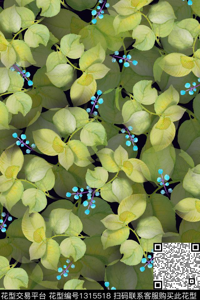 绿植树叶花卉满版散花数码印花华亿平台下载（图片编号: 1315518） - 瓦栏（Walan）