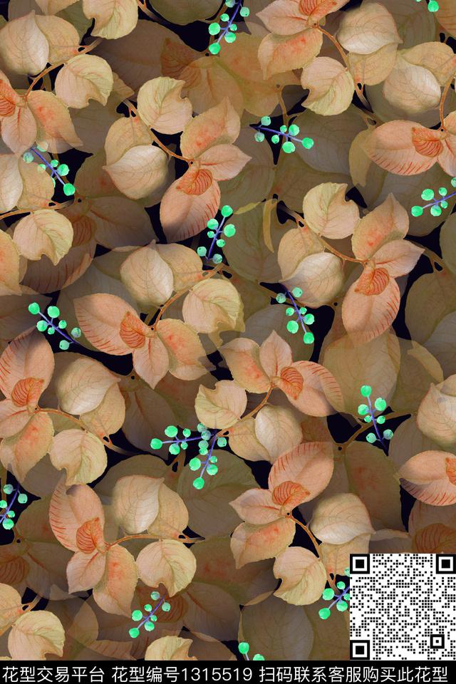 绿植树叶花卉满版散花数码印花华亿平台下载（图片编号: 1315519） - 瓦栏（Walan）