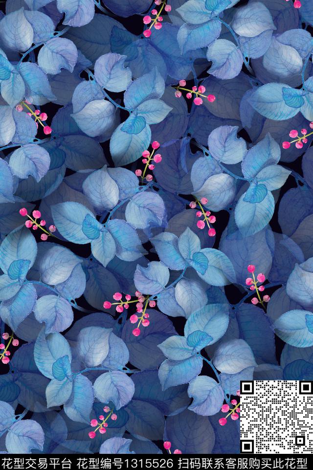 绿植树叶花卉满版散花数码印花华亿平台下载（图片编号: 1315526） - 瓦栏（Walan）