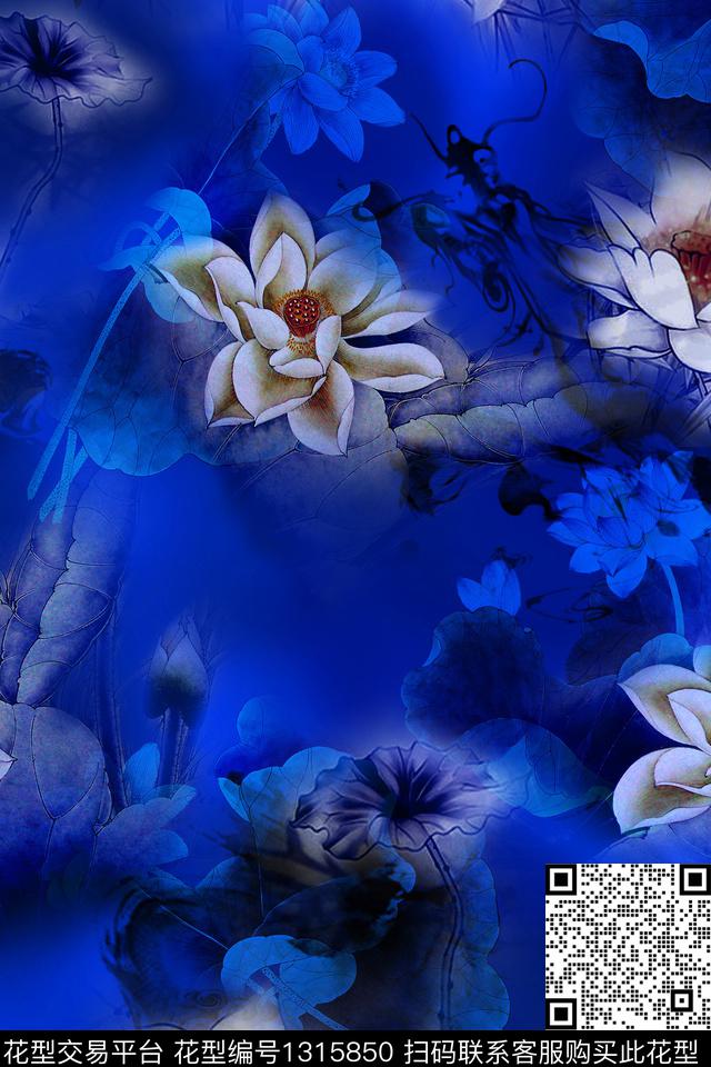 荷花香云纱中国风数码印花华亿平台下载（图片编号: 1315850） - 瓦栏（Walan）