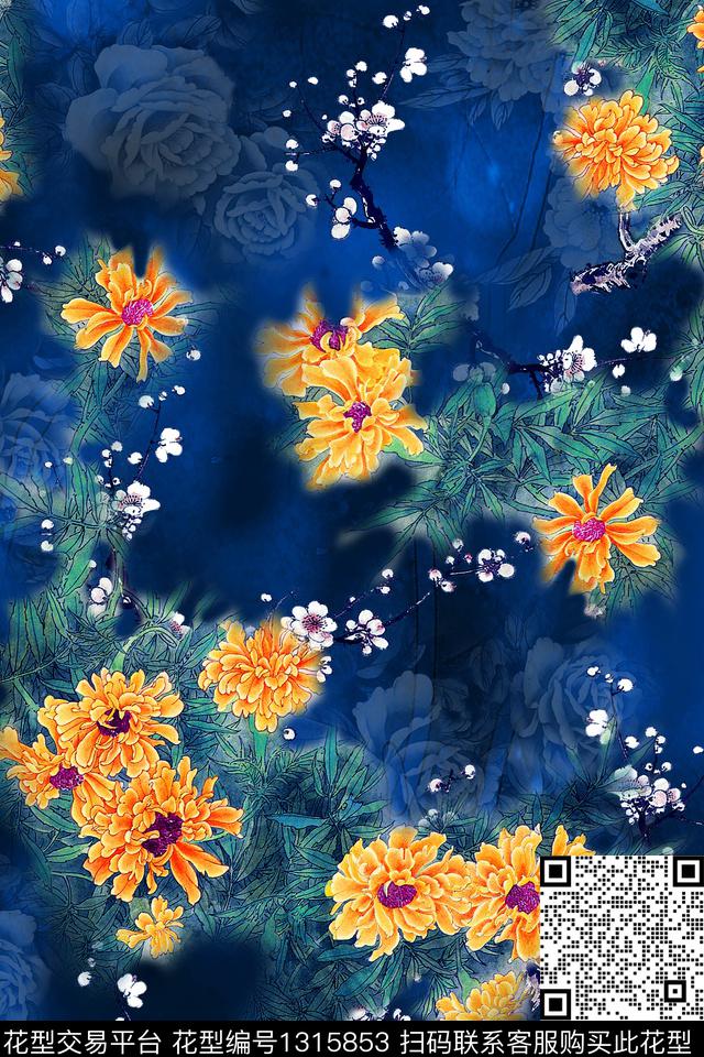 花卉香云纱中国风数码印花华亿平台下载（图片编号: 1315853） - 瓦栏（Walan）