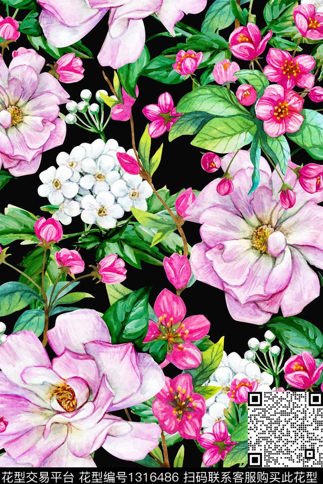 黑底花卉时尚大花数码印花华亿平台下载（图片编号: 1316486） - 瓦栏（Walan）