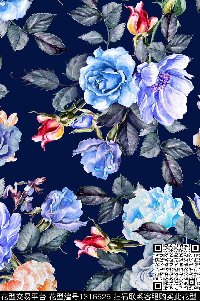 花卉满版散花玫瑰花数码印花华亿平台下载（图片编号: 1316525） - 瓦栏（Walan）