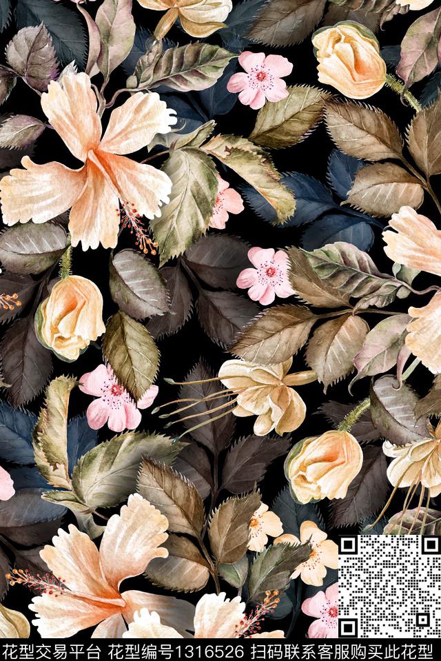 花卉满版散花黑底华亿平台数码印花华亿平台下载（图片编号: 1316526） - 瓦栏（Walan）