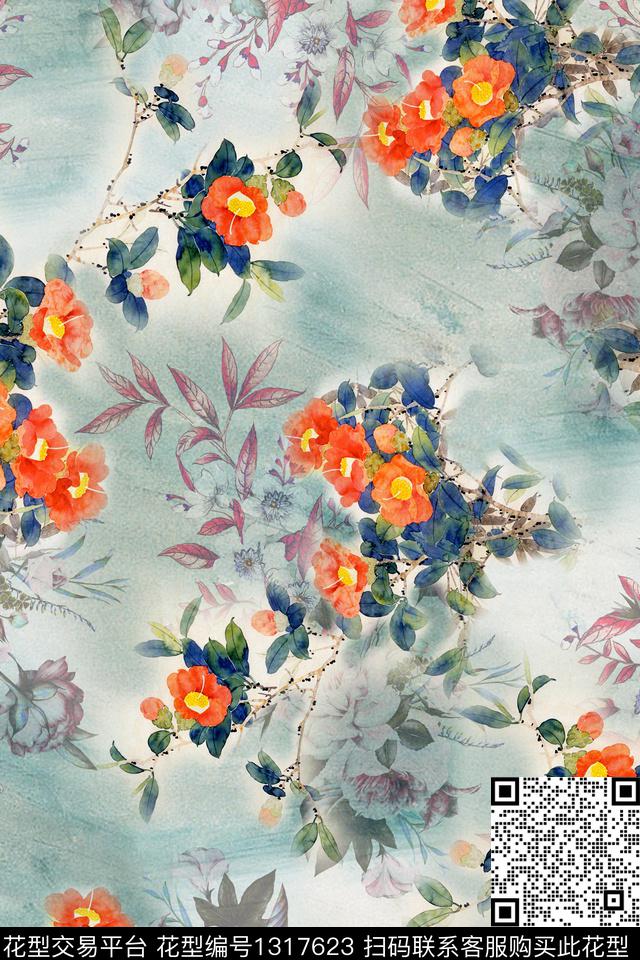 花卉香云纱中国风数码印花华亿平台下载（图片编号: 1317623） - 瓦栏（Walan）