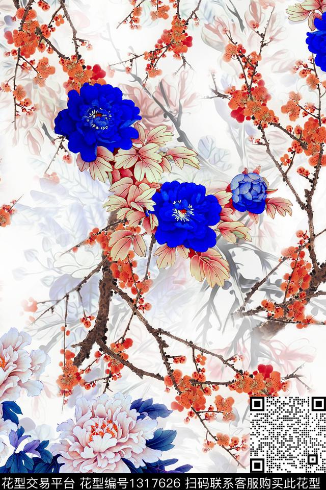 花卉香云纱中国风数码印花华亿平台下载（图片编号: 1317626） - 瓦栏（Walan）