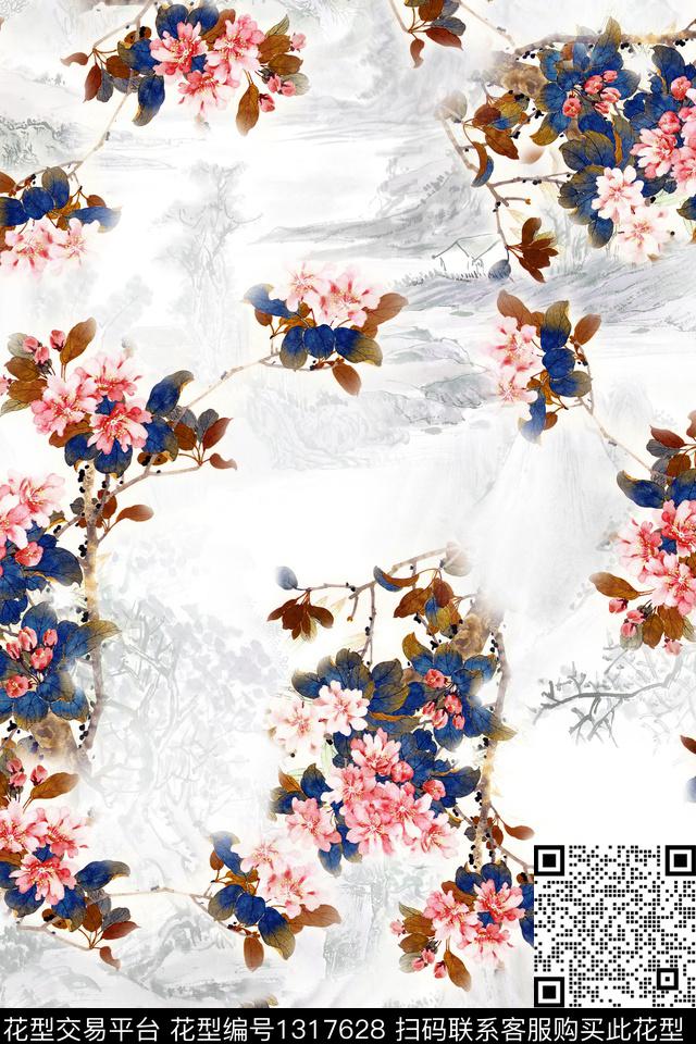 花卉香云纱中国风数码印花华亿平台下载（图片编号: 1317628） - 瓦栏（Walan）