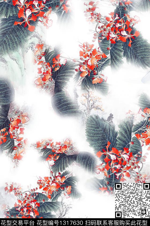 花卉香云纱中国风数码印花华亿平台下载（图片编号: 1317630） - 瓦栏（Walan）