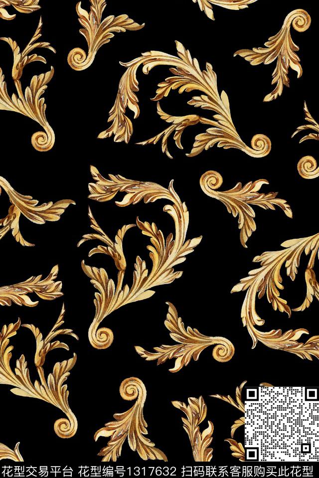 黑底花卉卷草金属数码印花华亿平台下载（图片编号: 1317632） - 瓦栏（Walan）