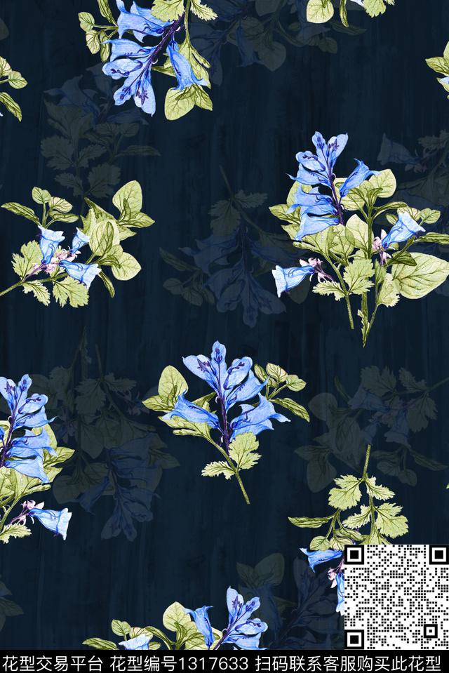 花卉大牌风手绘花卉数码印花华亿平台下载（图片编号: 1317633） - 瓦栏（Walan）