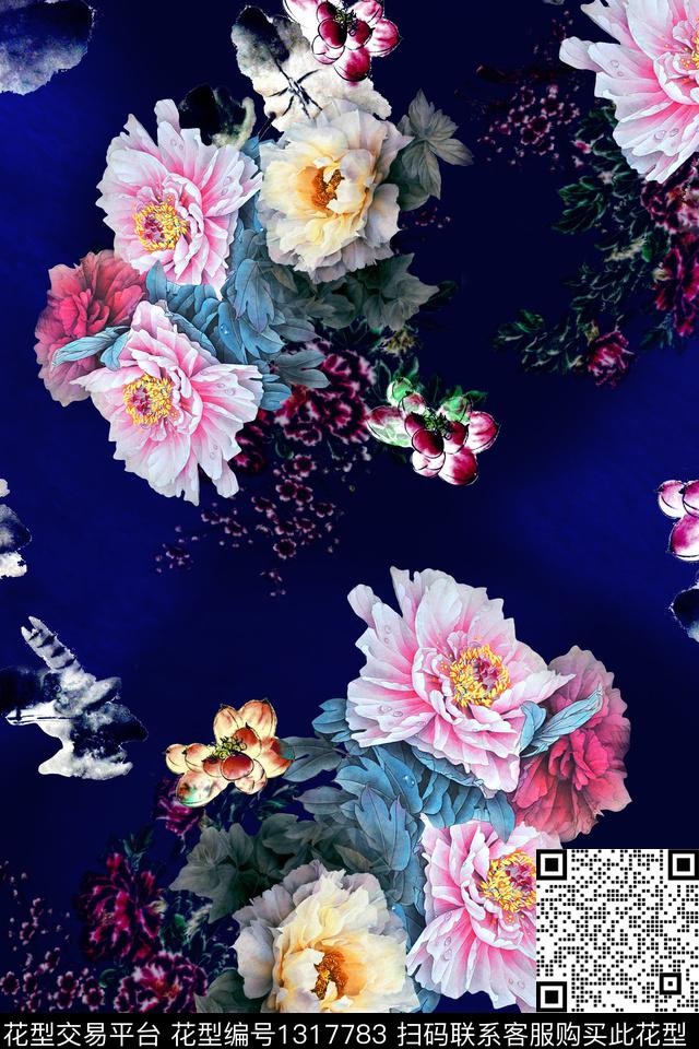 花卉香云纱中国风数码印花华亿平台下载（图片编号: 1317783） - 瓦栏（Walan）