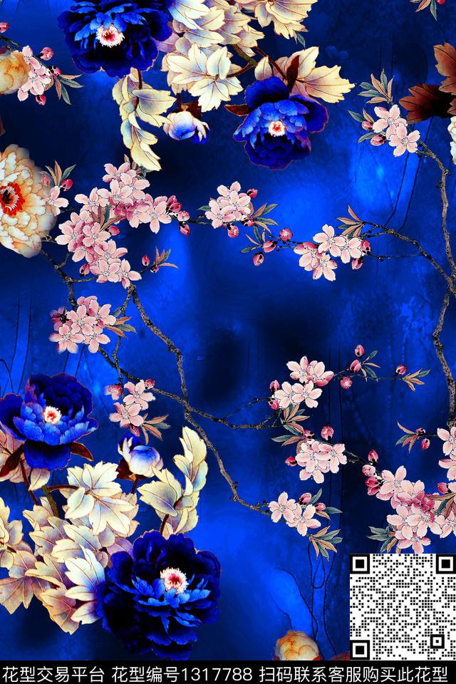 花卉香云纱中国风数码印花华亿平台下载（图片编号: 1317788） - 瓦栏（Walan）