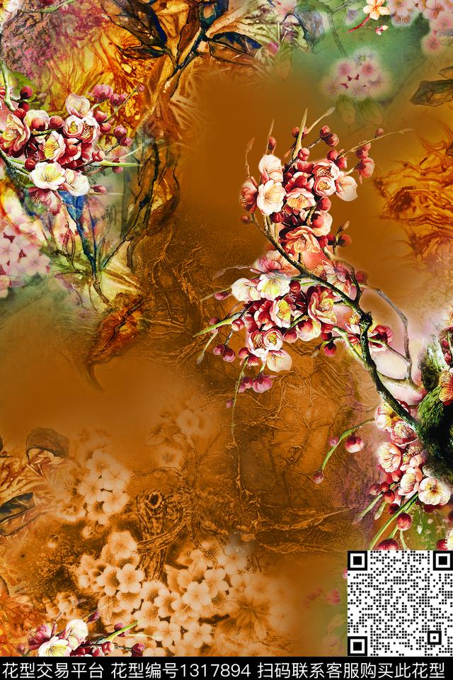 梅花中国风水墨风数码印花华亿平台下载（图片编号: 1317894） - 瓦栏（Walan）