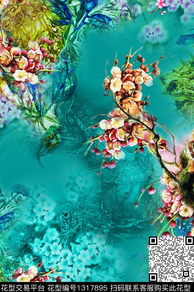 梅花中国风水墨风数码印花华亿平台下载（图片编号: 1317895） - 瓦栏（Walan）