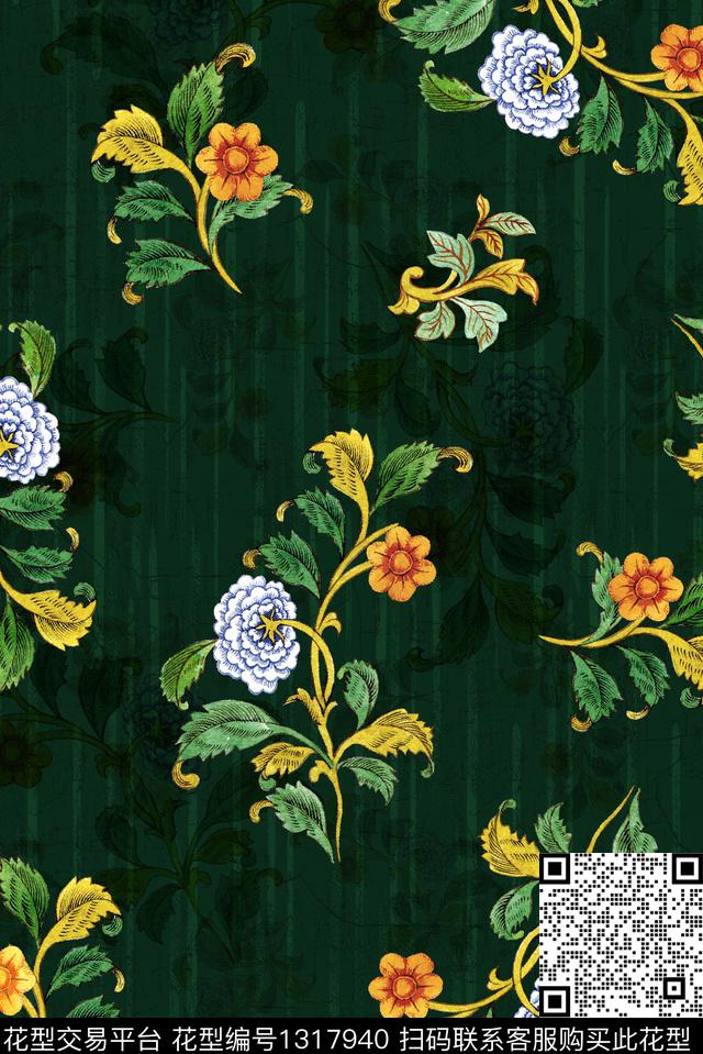 花卉大牌风手绘花卉数码印花华亿平台下载（图片编号: 1317940） - 瓦栏（Walan）