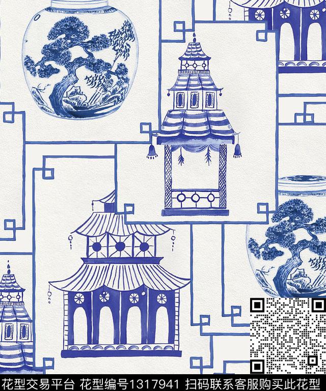 唐装边框青花瓷数码印花华亿平台下载（图片编号: 1317941） - 瓦栏（Walan）