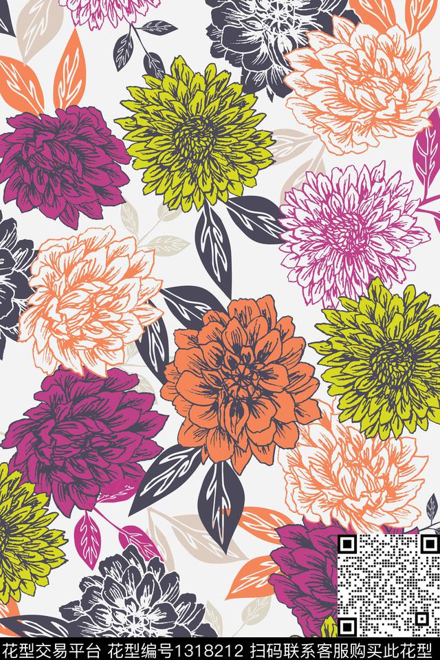 黑底花卉花卉花瓣数码印花华亿平台下载（图片编号: 1318212） - 瓦栏（Walan）