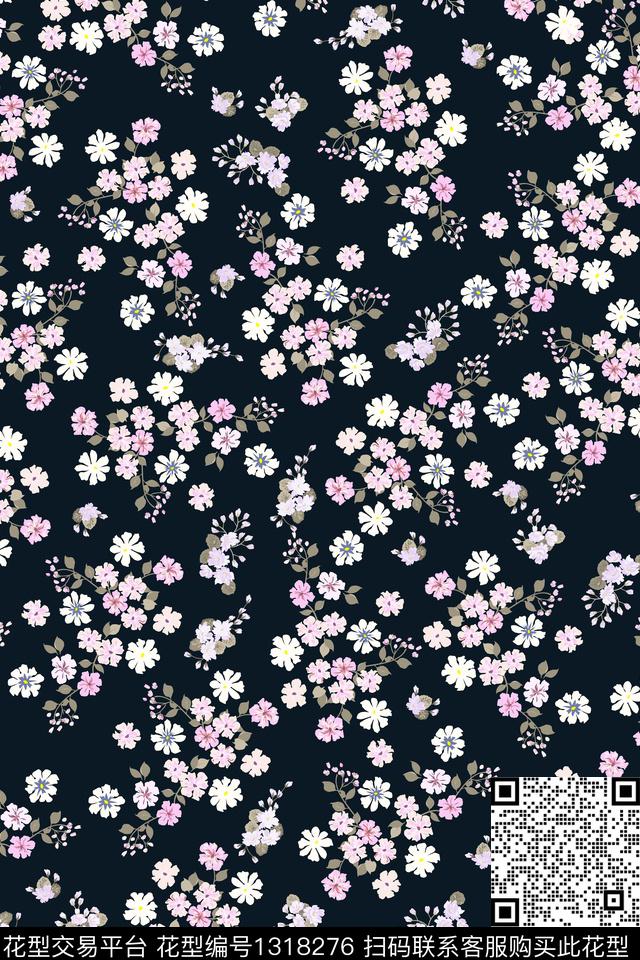 黑底花卉大牌风小碎花数码印花华亿平台下载（图片编号: 1318276） - 瓦栏（Walan）