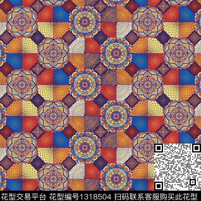 民族花卉格子圆形数码印花华亿平台下载（图片编号: 1318504） - 瓦栏（Walan）