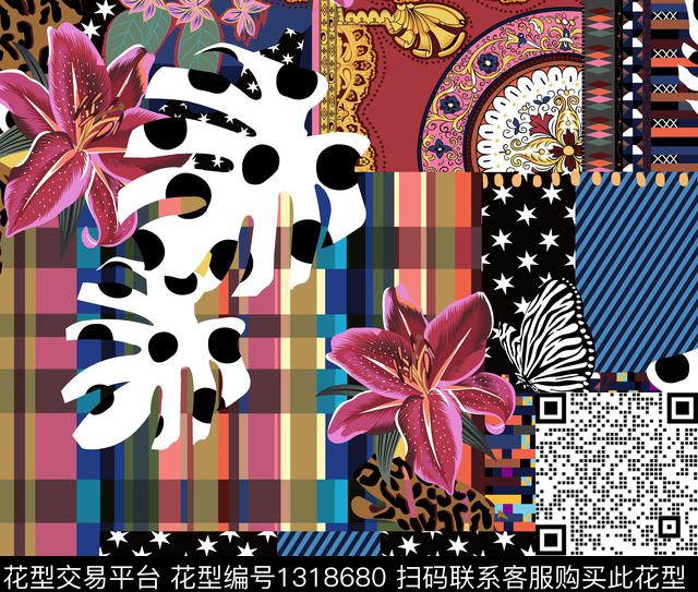 复古系列格子花卉混搭网纱雪纺系列数码印花华亿平台下载（图片编号: 1318680） - 瓦栏（Walan）