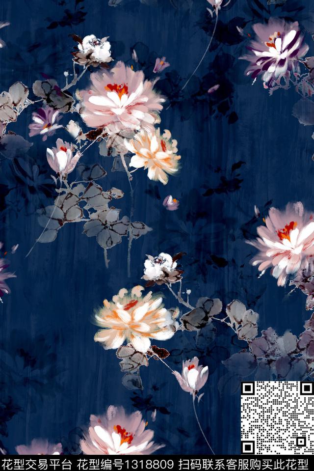 花卉大牌风手绘花卉数码印花华亿平台下载（图片编号: 1318809） - 瓦栏（Walan）
