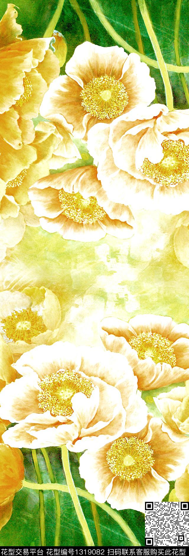荷花牡丹向日葵中国风数码印花华亿平台下载（图片编号: 1319082） - 瓦栏（Walan）