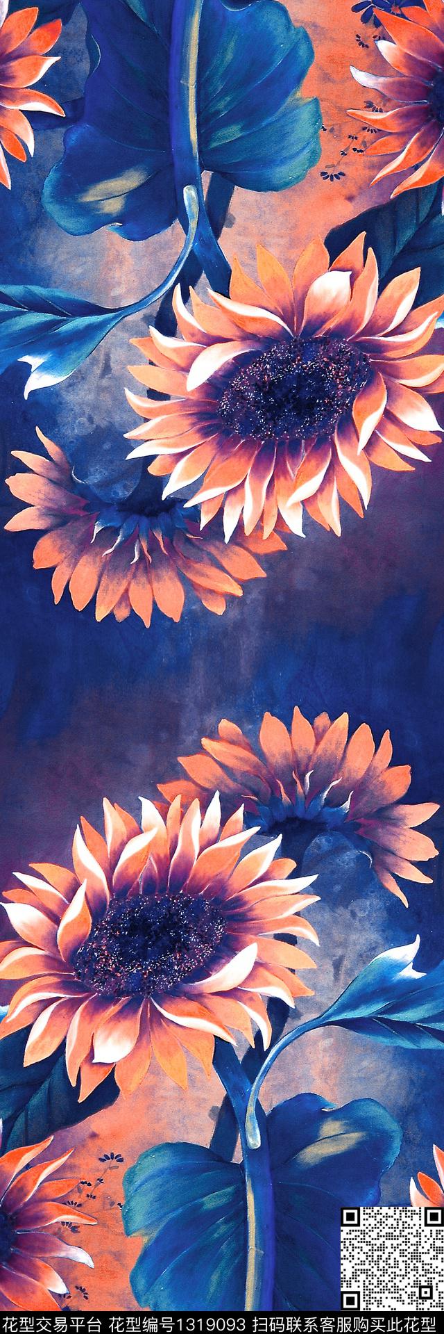 牡丹向日葵中国风数码印花华亿平台下载（图片编号: 1319093） - 瓦栏（Walan）