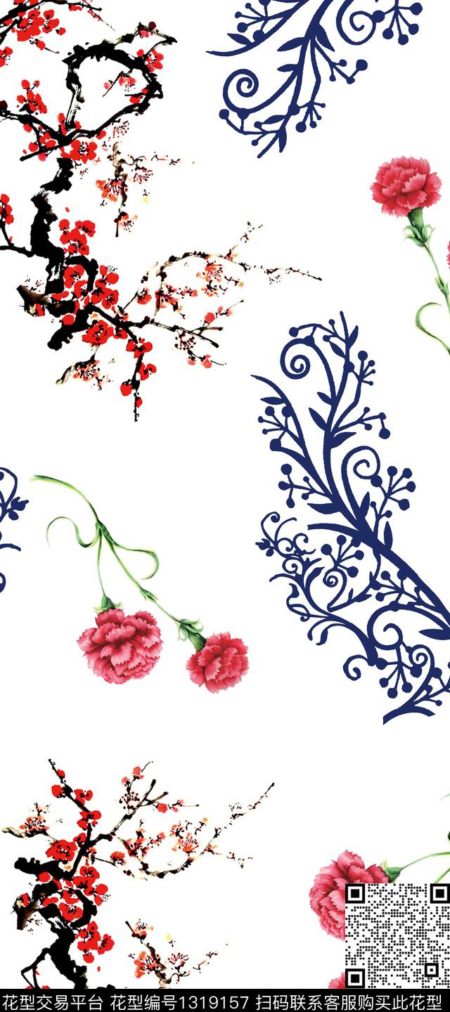 梅花香云纱中国风数码印花华亿平台下载（图片编号: 1319157） - 瓦栏（Walan）