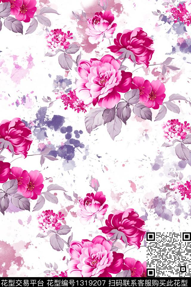 水彩真丝手绘花卉数码印花华亿平台下载（图片编号: 1319207） - 瓦栏（Walan）