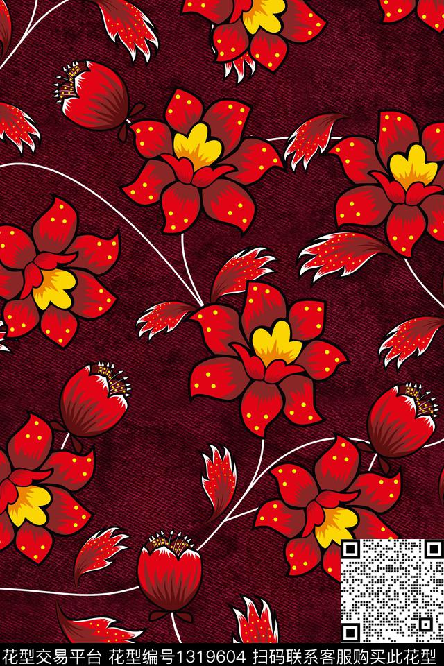 蜡染抽象花卉复古数码印花华亿平台下载（图片编号: 1319604） - 瓦栏（Walan）