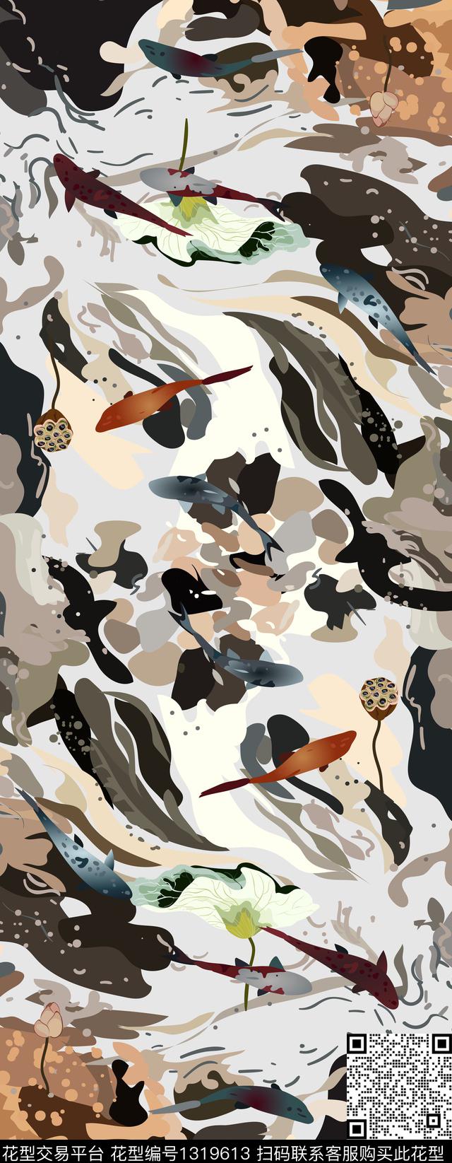 水墨风长巾抽象数码印花华亿平台下载（图片编号: 1319613） - 瓦栏（Walan）
