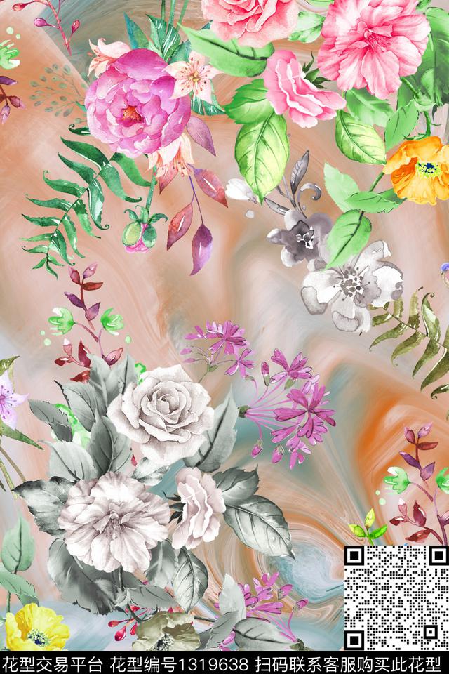 炫彩花卉清爽底花卉数码印花华亿平台下载（图片编号: 1319638） - 瓦栏（Walan）