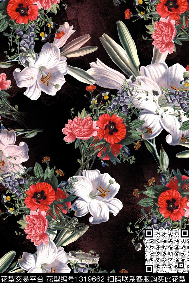 大牌风旗袍黑底花卉数码印花华亿平台下载（图片编号: 1319662） - 瓦栏（Walan）