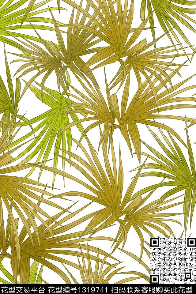 绿植树叶花卉满版散花数码印花华亿平台下载（图片编号: 1319741） - 瓦栏（Walan）