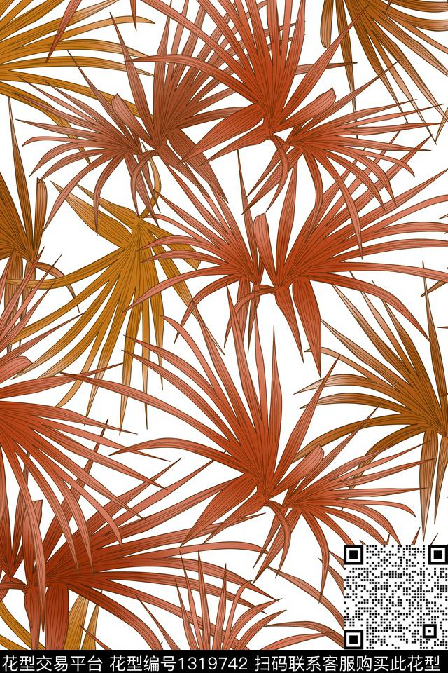 绿植树叶花卉满版散花数码印花华亿平台下载（图片编号: 1319742） - 瓦栏（Walan）