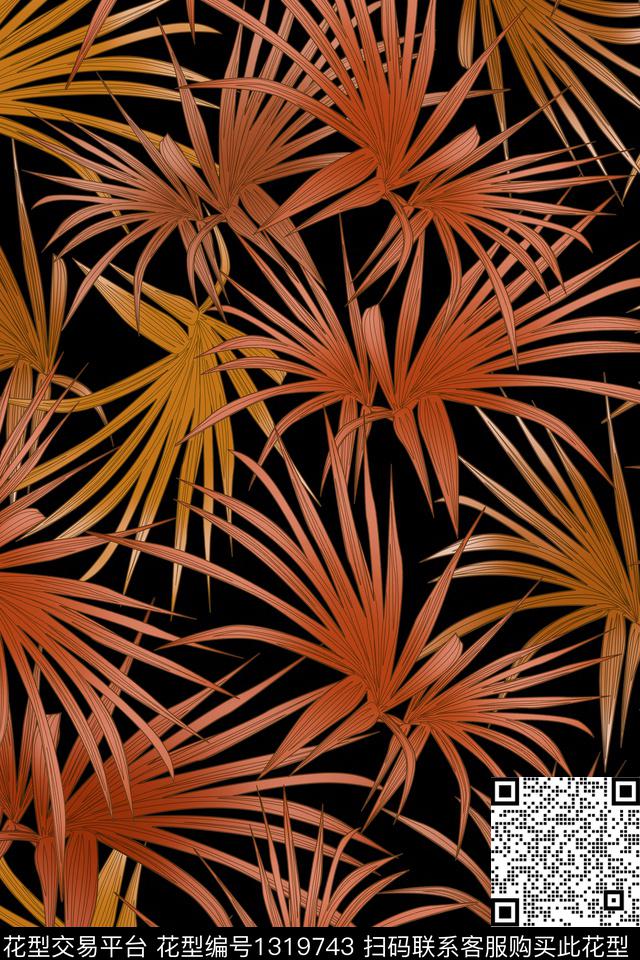 绿植树叶花卉满版散花数码印花华亿平台下载（图片编号: 1319743） - 瓦栏（Walan）