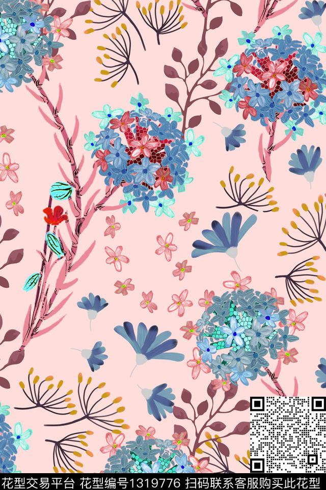 清爽底花卉春夏华亿平台小碎花数码印花华亿平台下载（图片编号: 1319776） - 瓦栏（Walan）