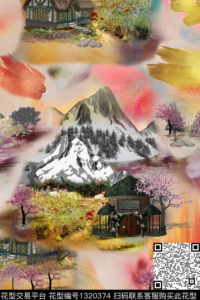 花卉手绘雪山数码印花华亿平台下载（图片编号: 1320374） - 瓦栏（Walan）