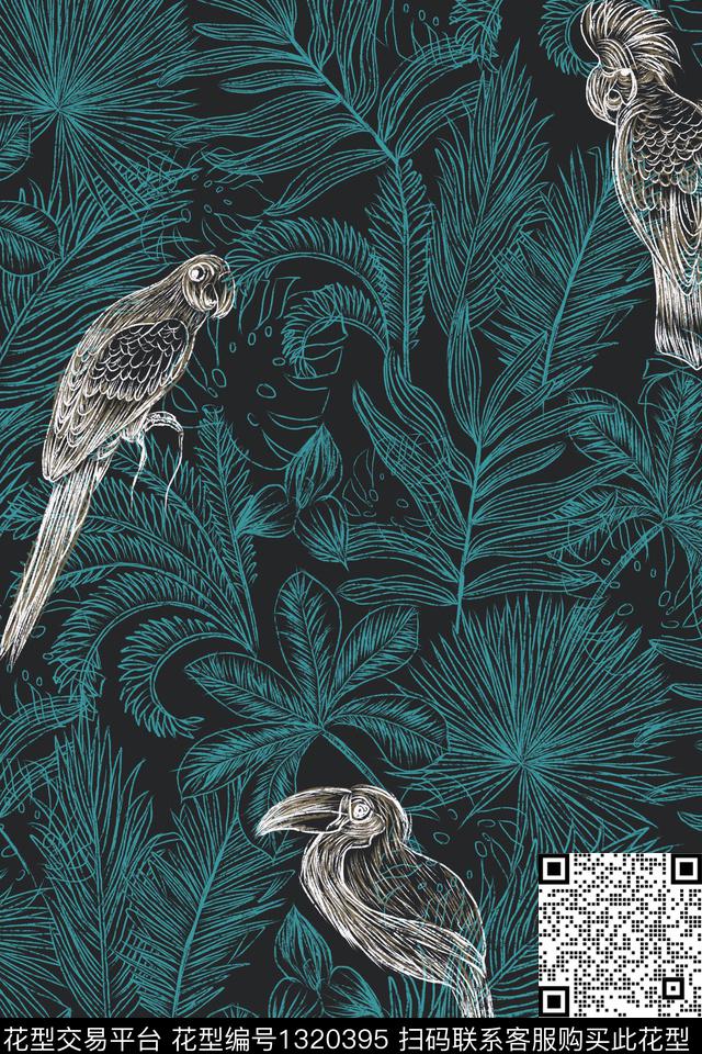 绿植树叶喜鹊数码印花华亿平台下载（图片编号: 1320395） - 瓦栏（Walan）