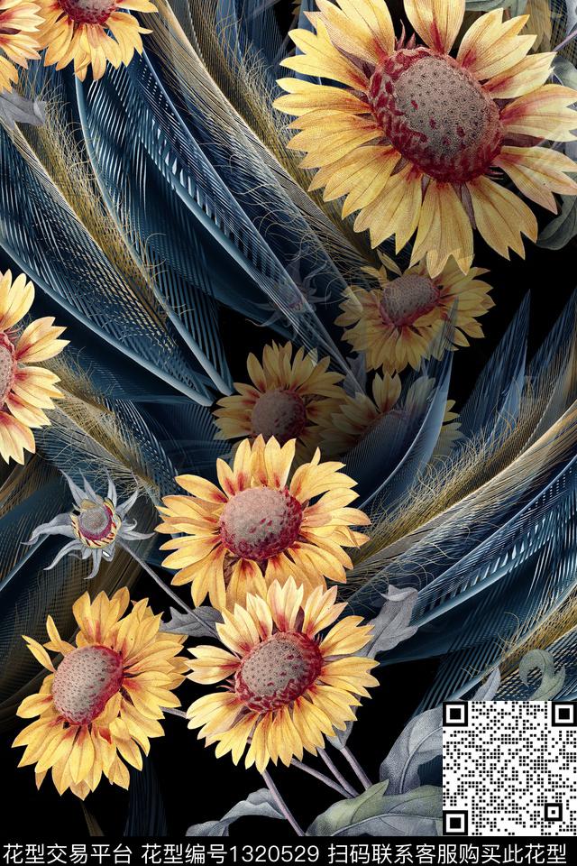 旗袍黑底花卉花卉数码印花华亿平台下载（图片编号: 1320529） - 瓦栏（Walan）