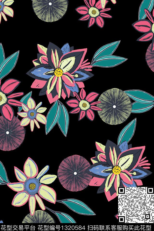 黑底花卉花卉花瓣数码印花华亿平台下载（图片编号: 1320584） - 瓦栏（Walan）
