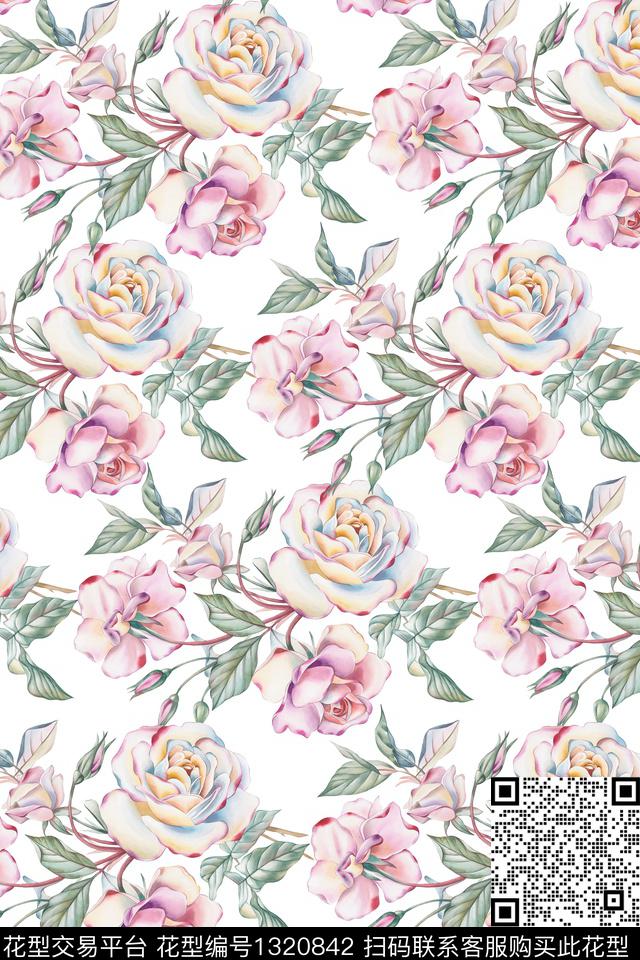 花卉手绘玫瑰花数码印花华亿平台下载（图片编号: 1320842） - 瓦栏（Walan）