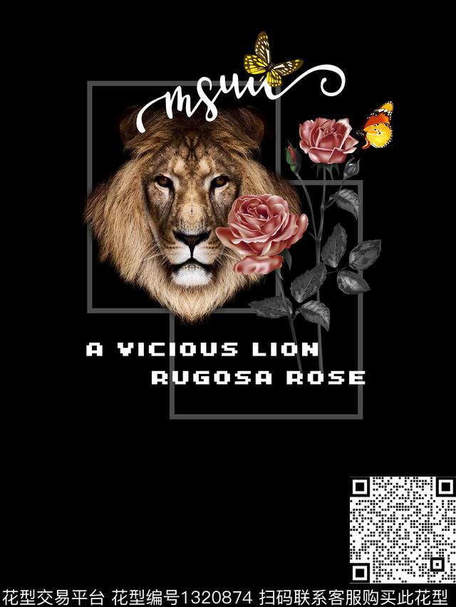 狮子胸前独幅玫瑰花数码印花华亿平台下载（图片编号: 1320874） - 瓦栏（Walan）