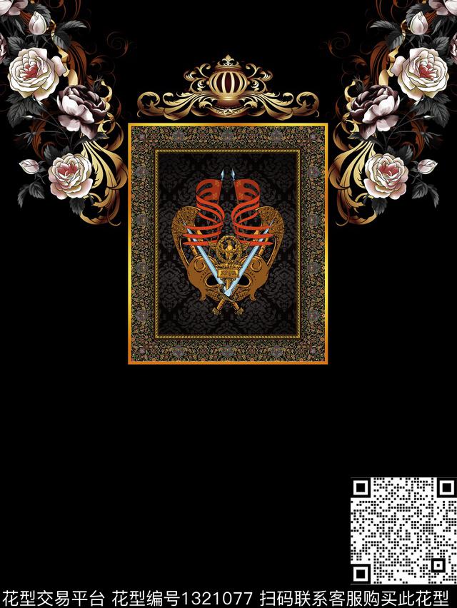 胸前独幅欧式定位花古典花纹数码印花华亿平台下载（图片编号: 1321077） - 瓦栏（Walan）