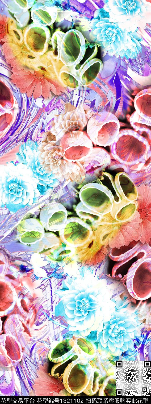 数码华亿平台抽象花卉印花数码印花华亿平台下载（图片编号: 1321102） - 瓦栏（Walan）
