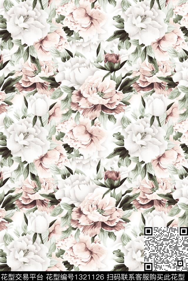 大牌风手绘花卉清爽底花卉数码印花华亿平台下载（图片编号: 1321126） - 瓦栏（Walan）