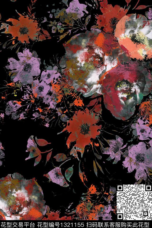 黑底花卉抽象花卉大牌风数码印花华亿平台下载（图片编号: 1321155） - 瓦栏（Walan）