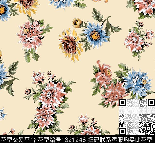 彩底花卉数码华亿平台菊花数码印花华亿平台下载（图片编号: 1321248） - 瓦栏（Walan）