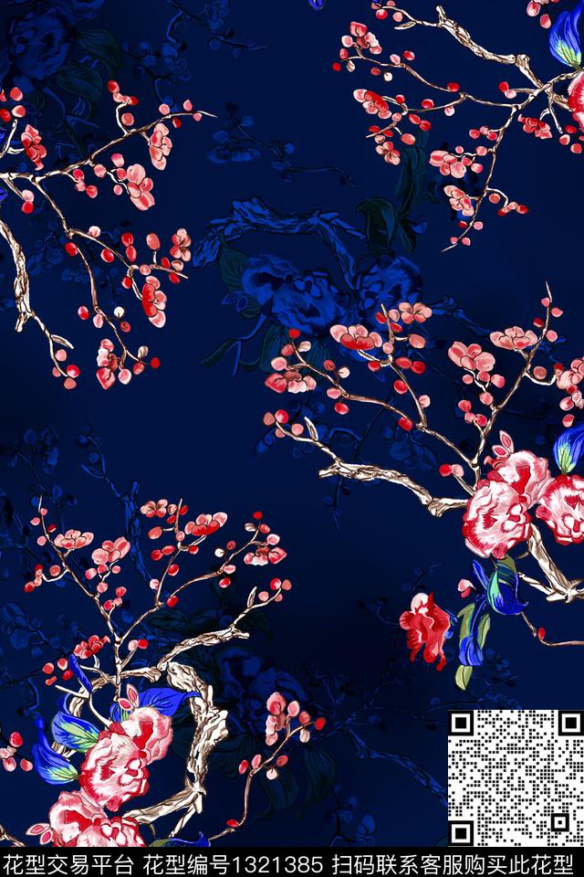 梅花香云纱中国风数码印花华亿平台下载（图片编号: 1321385） - 瓦栏（Walan）