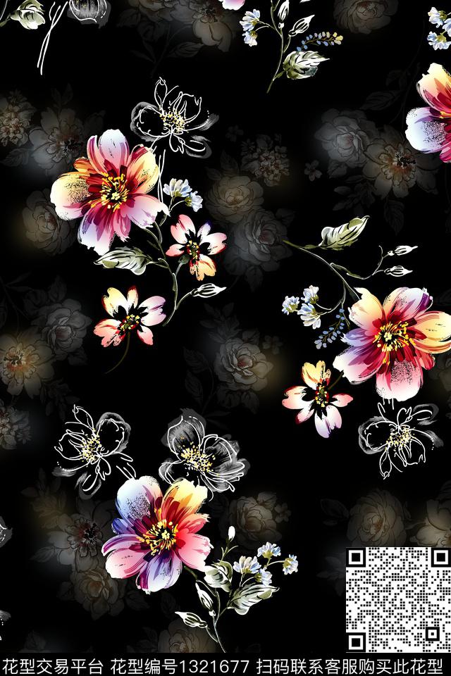 黑底花卉清爽底花卉满版散花数码印花华亿平台下载（图片编号: 1321677） - 瓦栏（Walan）